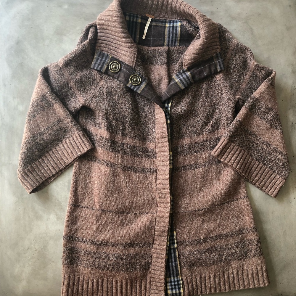 FREE PEOPLE Sweater Jacket with Plaid Trim - Picture 1 of 8